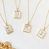 Rectangle Gold Natural White Shell Carved Birthflower Pendant, Personalized Birth Flower Necklace Jewelry KZ044