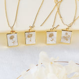 Rectangle Gold Natural White Shell Carved Birthflower Pendant, Personalized Birth Flower Necklace Jewelry KZ044