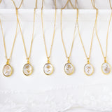 16" Gold Bezel Oval White Shell Birth Flower Necklace, Month Flower Gift Jewelry KZ027-N