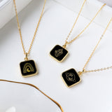 Wholesale 16" Square Gold Plated Natural Black Obsidian Pendant Necklace, Carved Moon, Cluster Crystals and Planet KZ001