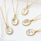 16" Gold Bezel Oval White Shell Birth Flower Necklace, Month Flower Gift Jewelry KZ027-N