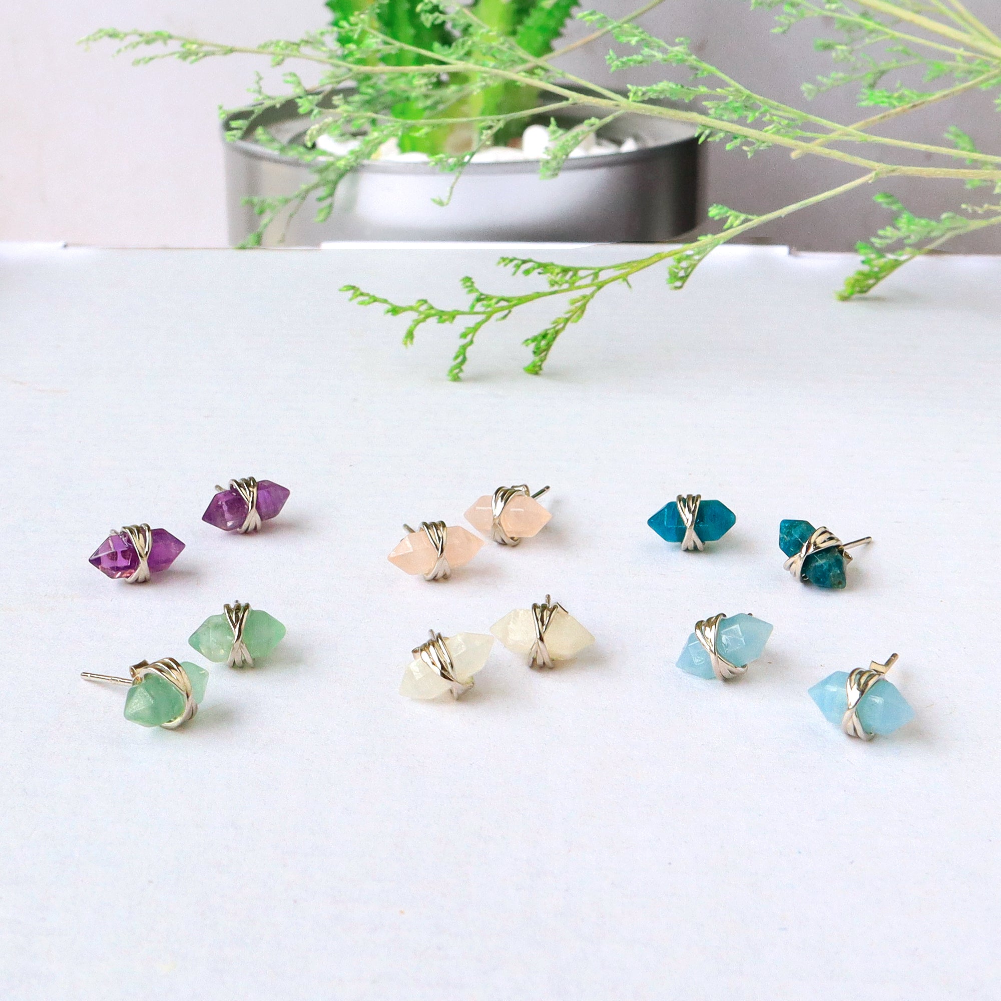 Silver Plated Natural Birthstone Stud Earrings, Tiny Hexagon Point Faceted Gemstone Earrings, Healing Crystal Post Earrings Jewelry BT002