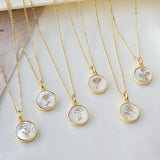 16" Gold Plated Round White Shell Carved Birth Month Flower Necklace, Beach Shell Jewelry KZ009