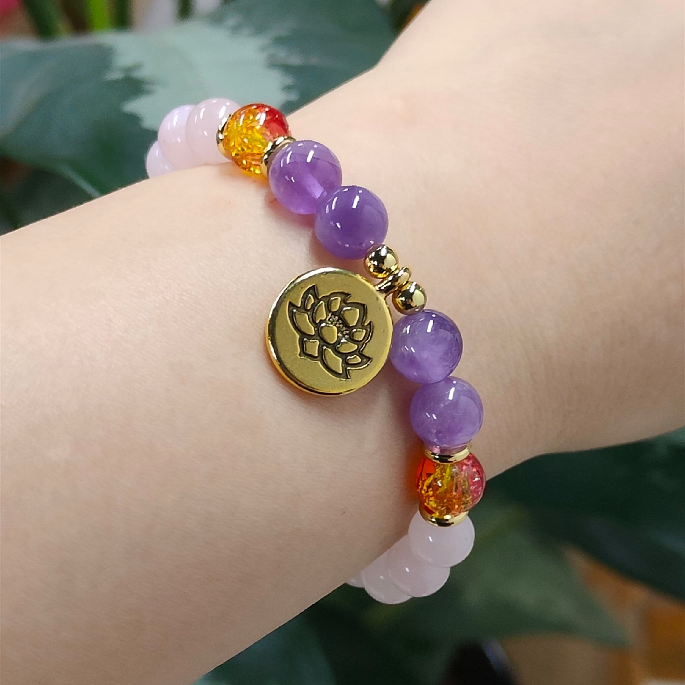 8mm Natural Amethyst & Rose Quartz Beads Bracelet, Gold Plated Brass Lotus Charm, Healing Crystal Stone, Meditation Protection Inspiring Gemstone Bracelet Jewelry