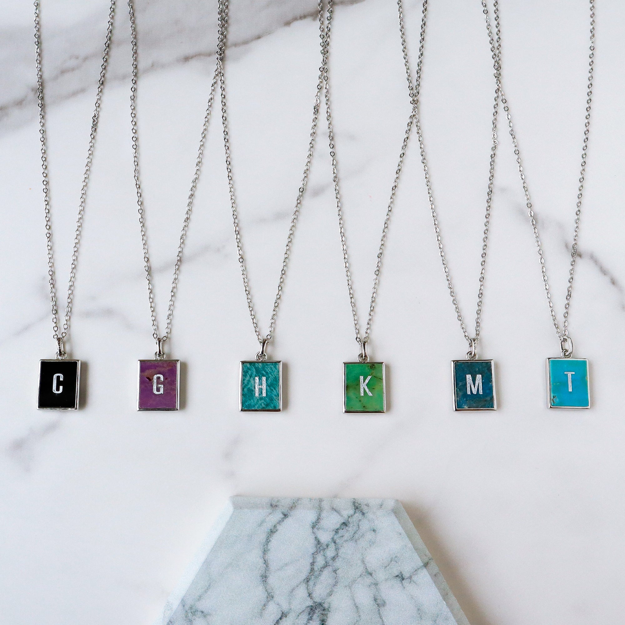 Wholesale 16" Rectangle Silver Plated Gemstone Pendant Necklace, Carved Letters, Birthstone Crystal Jewelry KZ003