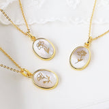 16" Gold Bezel Oval White Shell Birth Flower Necklace, Month Flower Gift Jewelry KZ027-N