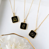 Wholesale 16" Square Gold Plated Natural Black Obsidian Pendant Necklace, Carved Moon, Cluster Crystals and Planet KZ001