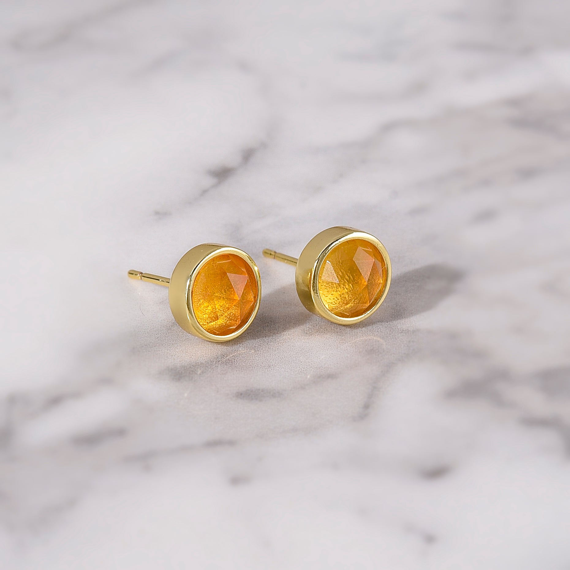 Gold Plated Round Faceted Gemstone Stud Earrings, Birthstone Earrings Jewelry BT024