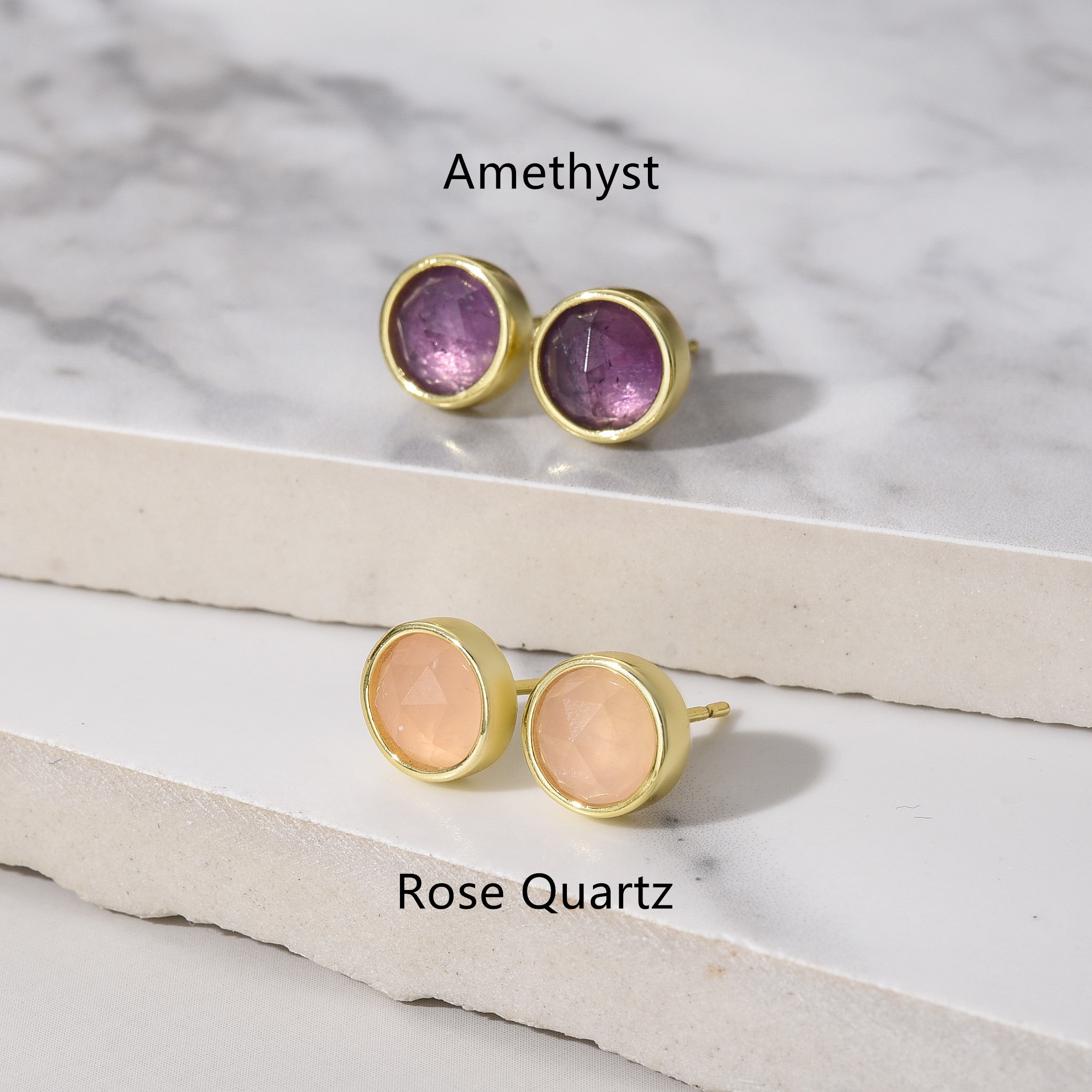 Gold Plated Round Faceted Gemstone Stud Earrings, Healing Crystal Stone Studs, Birthstone Earrings Jewelry BT024
