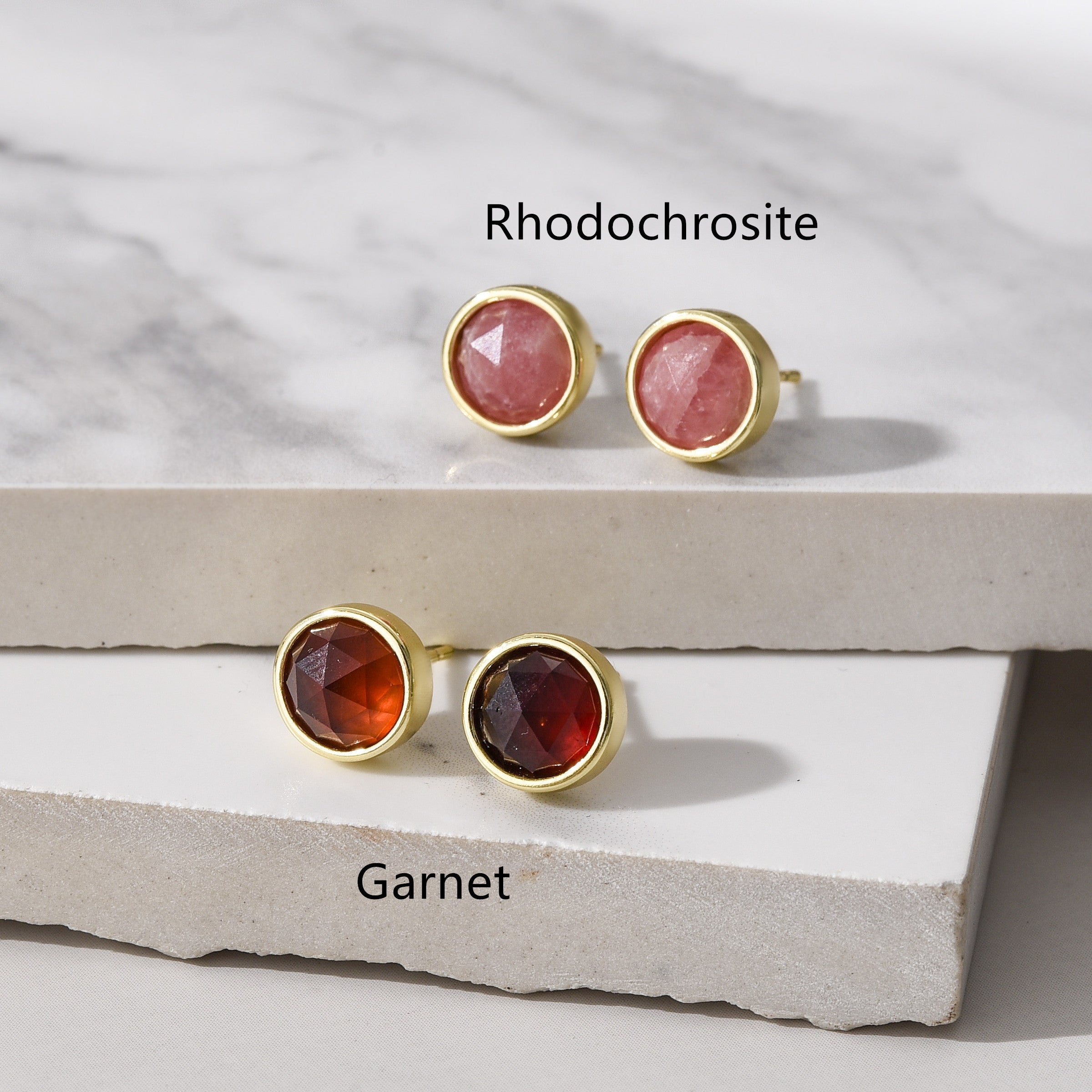 Gold Plated Round Faceted Gemstone Stud Earrings, Healing Crystal Stone Studs, Birthstone Earrings Jewelry BT024