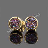 Round 8mm Gold Plated Bezel Natural Agate Titanium Druzy Stud Earrings, Drusy Jewelry ZG0198