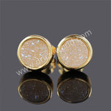 Round 8mm Gold Plated Bezel Natural Agate Titanium Druzy Stud Earrings, Drusy Jewelry ZG0198