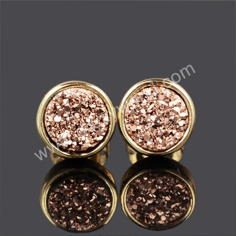 Round 8mm Gold Plated Bezel Natural Agate Titanium Druzy Stud Earrings, Drusy Jewelry ZG0198