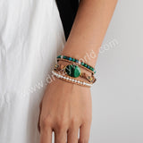 Faceted Malachite 4mm Pearl Stone Beads Layers Leather Wrap Bracelet, Handmade Boho Jewelry HD0144