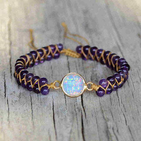 Gold Round White Opal Faceted 4mm Amethyst Beads Wire Wrap Bracelet, Handmade Boho Jewelry HD0284