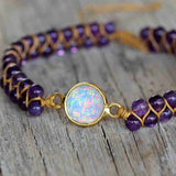 Gold Round White Opal Faceted 4mm Amethyst Beads Wire Wrap Bracelet, Handmade Boho Jewelry HD0284