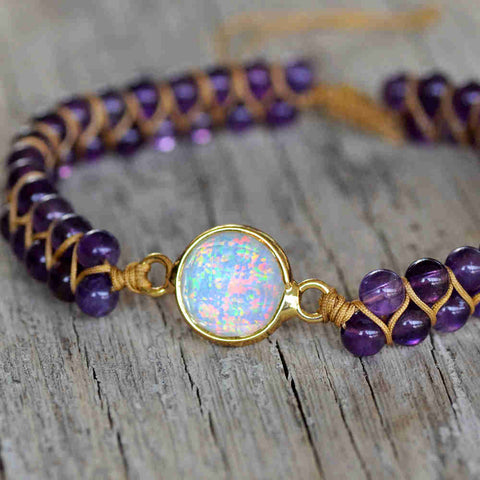 Gold Round White Opal Faceted 4mm Amethyst Beads Wire Wrap Bracelet, Handmade Boho Jewelry HD0284