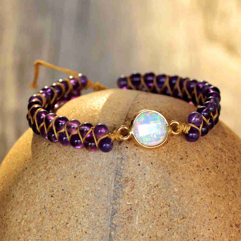 Gold Round White Opal Bracelet, 4mm Amethyst Beads, Rope Wire Rrap Bracelet, Healing Crystal Stone Bracelet, Meditation Protection Inspiring Purple Gemstone Bracelet Jewelry HD0284