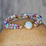 Gold Round White Opal Faceted Purple Sea Sediment Jasper Beads Bracelet, Handmade Boho Jewelry HD0287