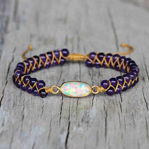 Gold Oval White Opal Amethyst 4mm Beads Wire Wrap Bracelet, Handmade Boho Jewelry HD0288