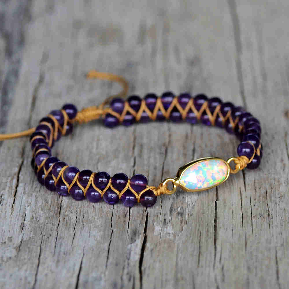 Gold Oval White Opal Bracelet, 4mm Amethyst Beads, Rope Wire Rrap Bracelet, Healing Crystal Stone Bracelet, Meditation Protection Inspiring Purple Gemstone Bracelet Jewelry HD0288