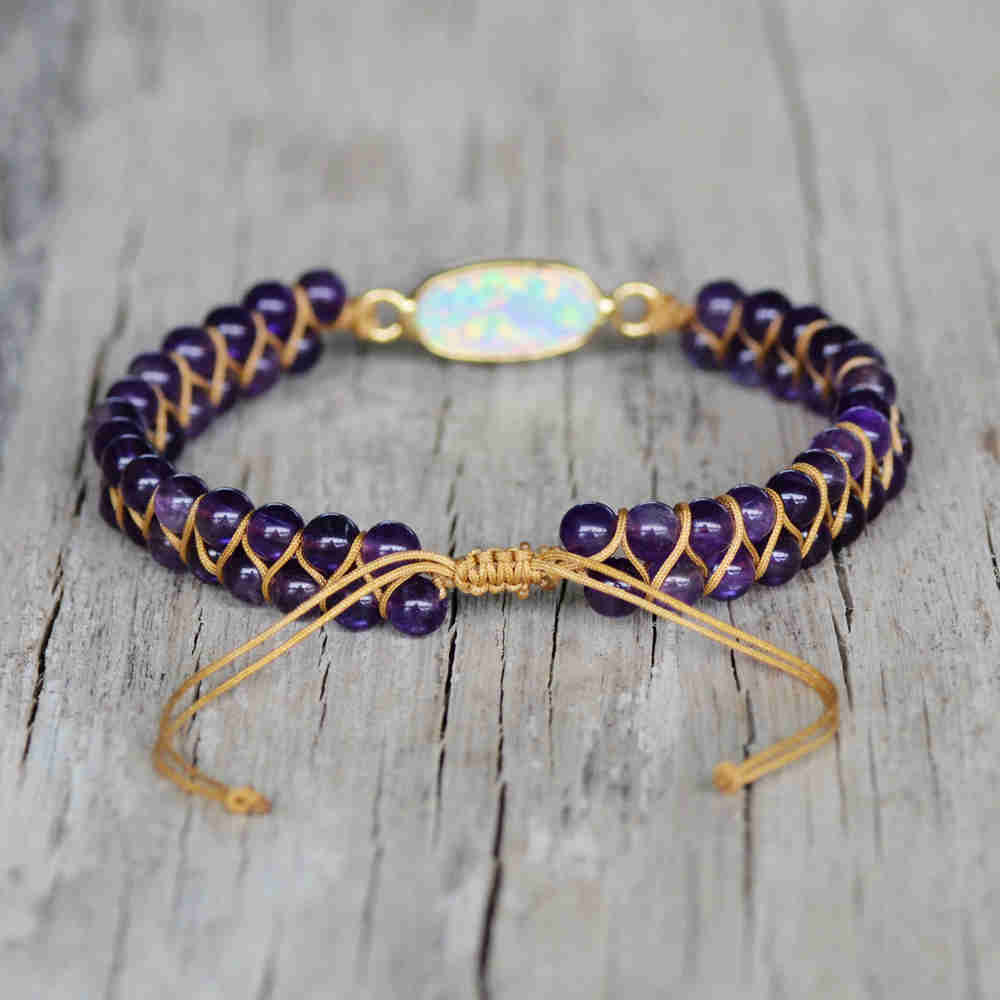 Gold Oval White Opal Bracelet, 4mm Amethyst Beads, Rope Wire Rrap Bracelet, Healing Crystal Stone Bracelet, Meditation Protection Inspiring Purple Gemstone Bracelet Jewelry HD0288