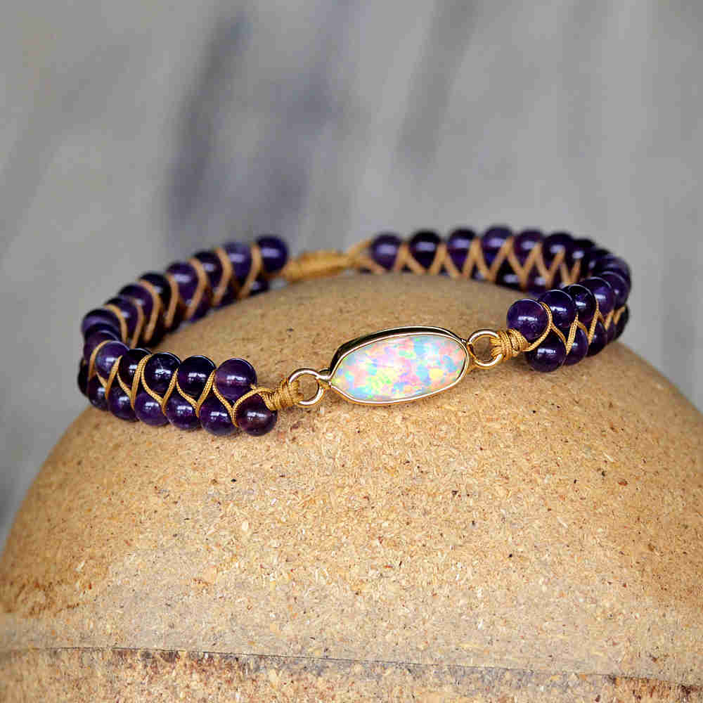 Gold Oval White Opal Bracelet, 4mm Amethyst Beads, Rope Wire Rrap Bracelet, Healing Crystal Stone Bracelet, Meditation Protection Inspiring Purple Gemstone Bracelet Jewelry HD0288