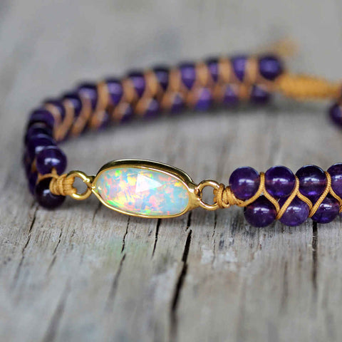 Gold Oval White Opal Amethyst 4mm Beads Wire Wrap Bracelet, Handmade Boho Jewelry HD0288