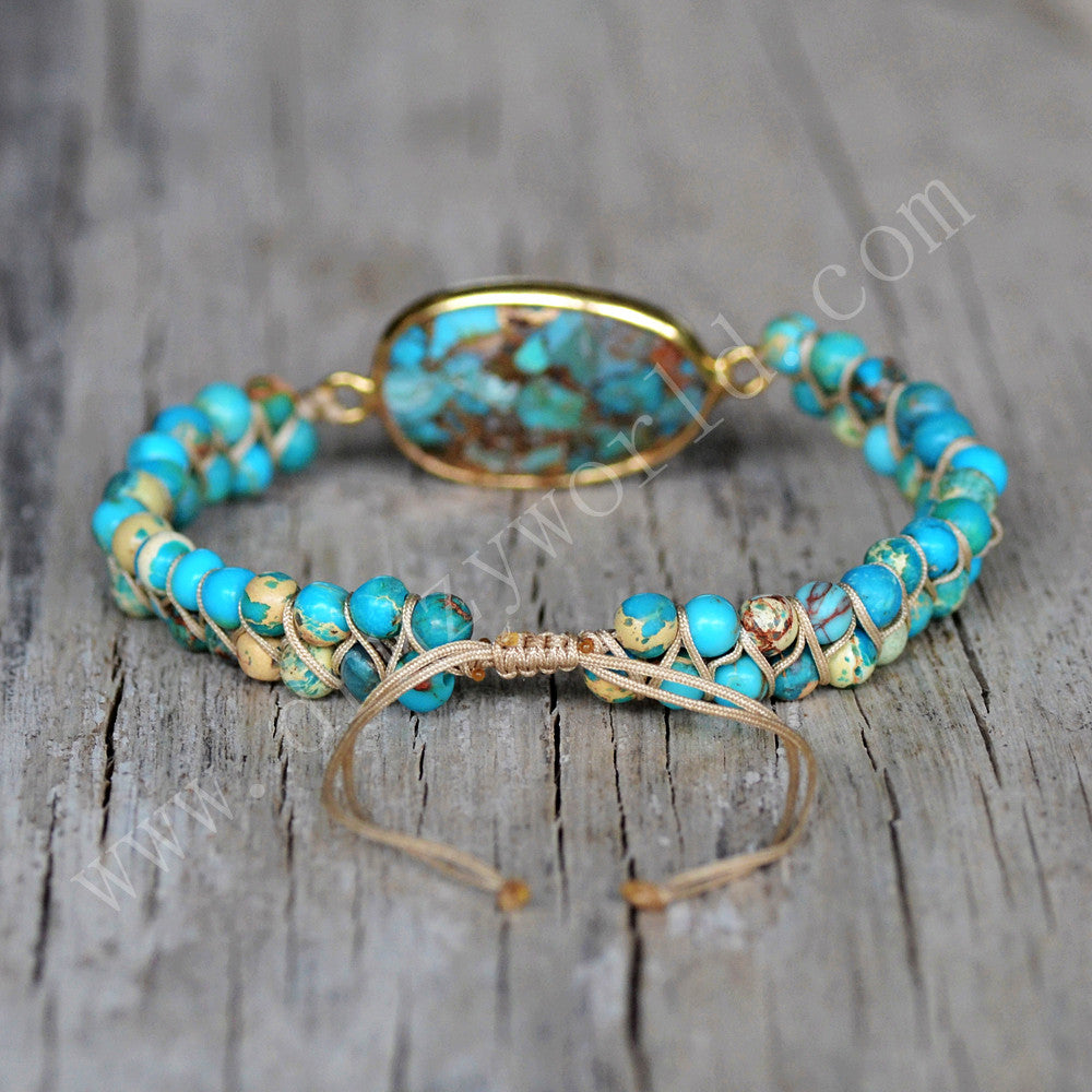 Adjustment Gold Plated Copper Turquoise 4mm Beads Wire Wrap Bracelet HD0291