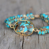 Adjustment Gold Plated Copper Turquoise 4mm Beads Wire Wrap Bracelet HD0291