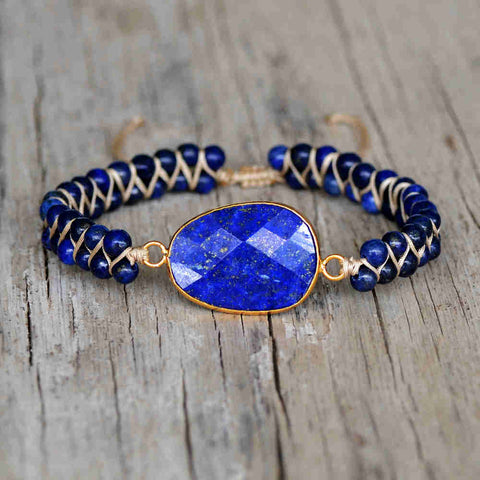 Gold Natrual Lapis Lazuli 4mm Beads Wire Wrap Bracelet, Hanmade Boho Jewelry HD0292