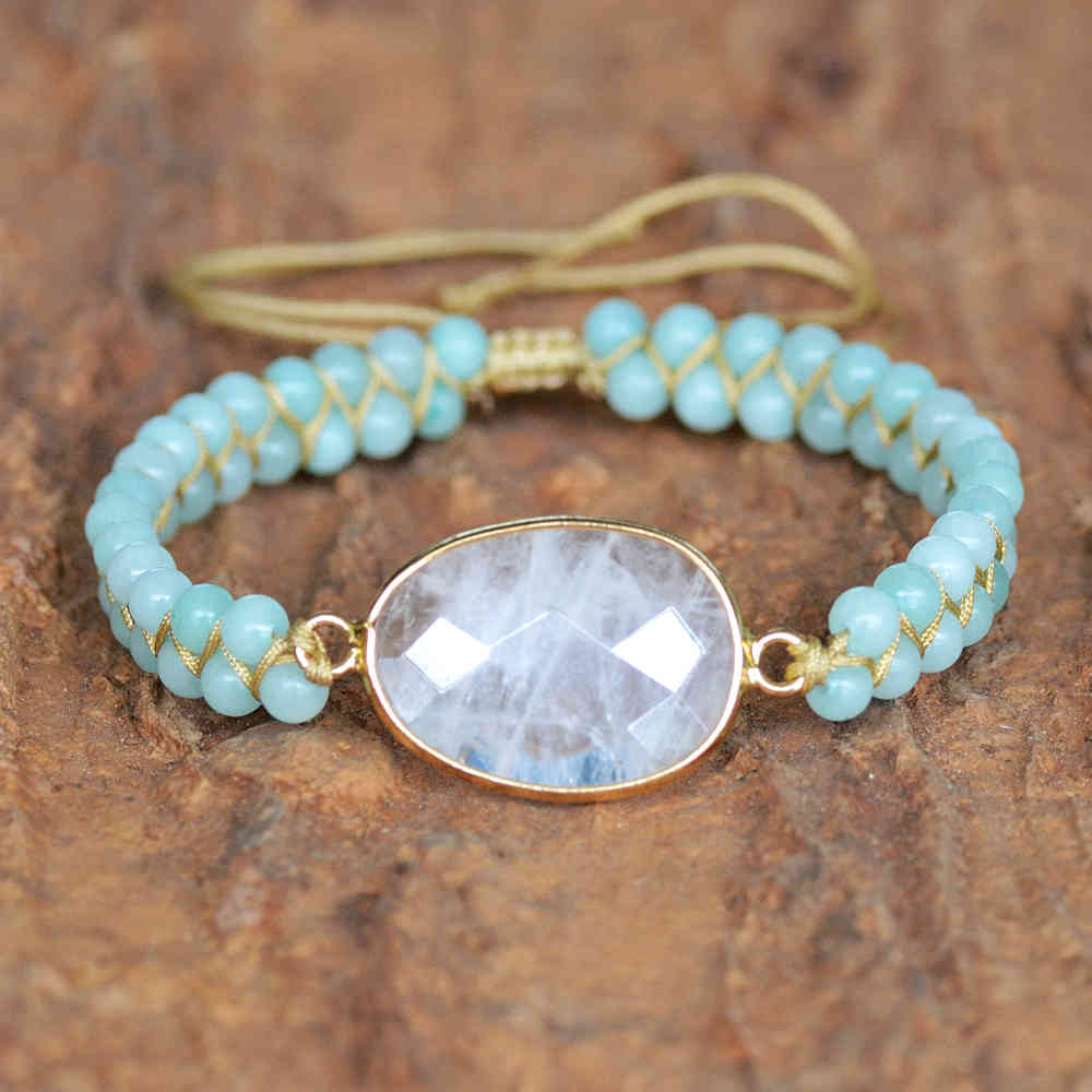 Gold Oval Natrual White Quartz Bracelet, 4mm Light Blue Jade Beads, Rope Wire Rrapped, Healing Crystal Stone Bracelet, Meditation Protection Inspiring Gemstone Bracelet Jewelry HD0293 Clear Quartz Bracelet