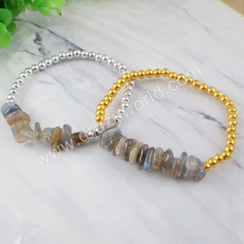 Gold/Silver 4mm Beads & Natural Labradorite Chips Stone Beads Stretch Bracelet DIY Fashion Bracelet HD0125