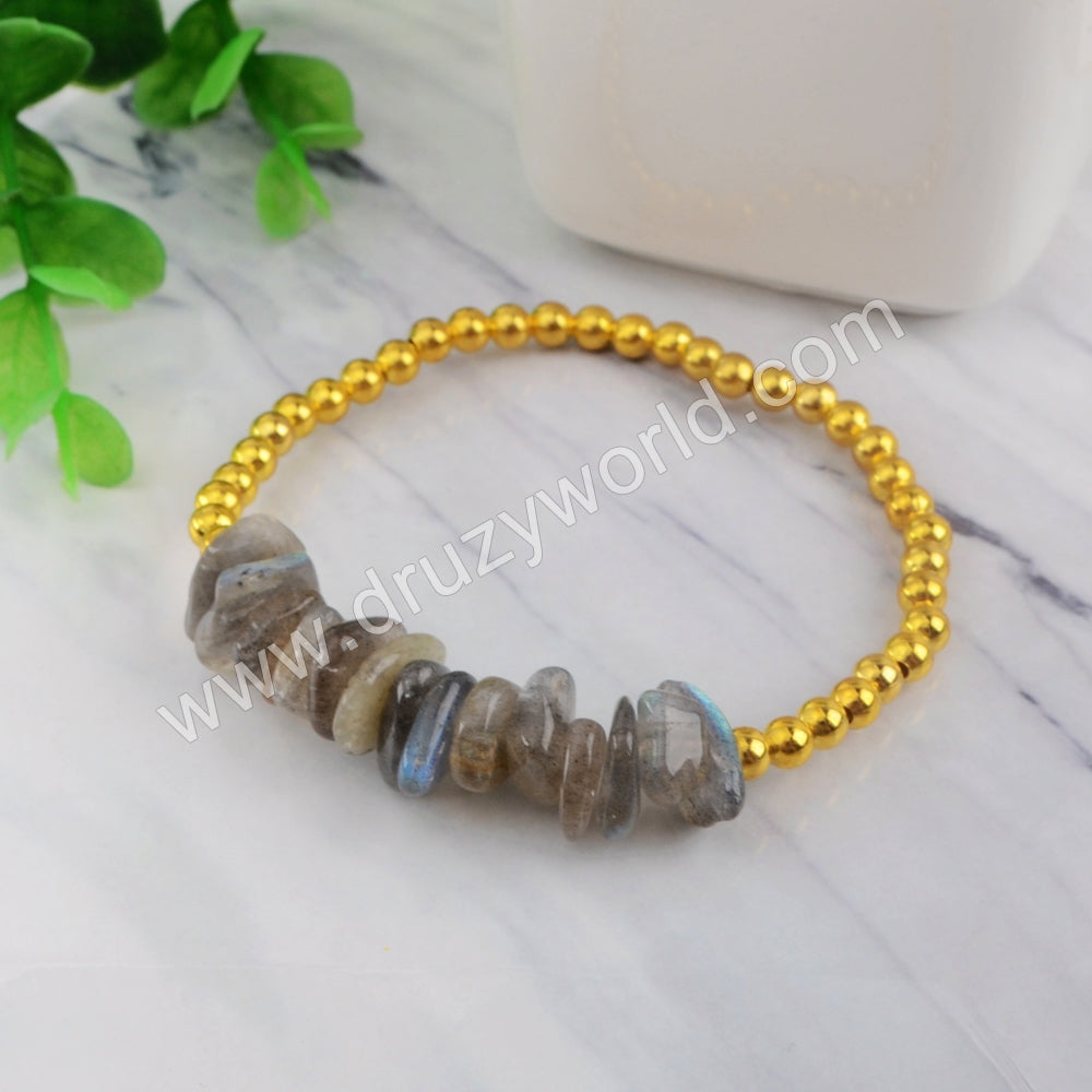 Gold/Silver 4mm Beads & Natural Labradorite Chips Stone Beads Stretch Bracelet DIY Fashion Bracelet HD0125