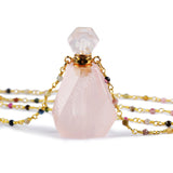 26" Gold Rainbow Natural Gemstone Perfume Bottle Necklace, 3mm Crystal Quartz Beads Roary Chain, Boho Jewelry Necklace HD0091