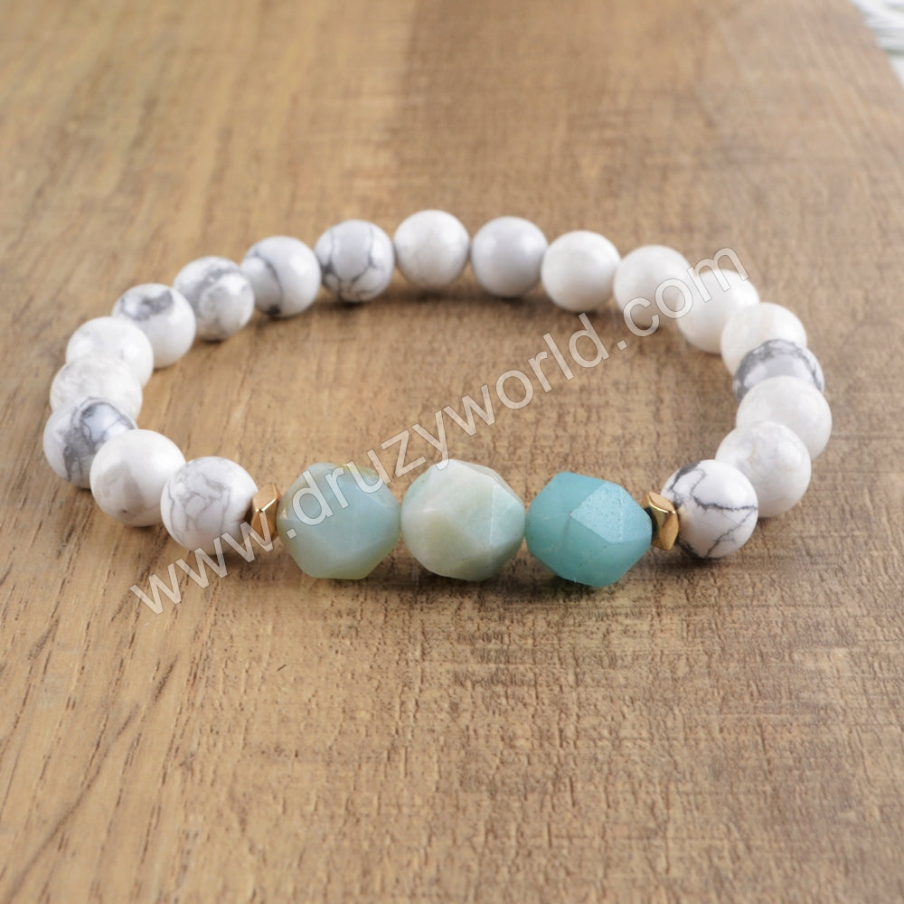 Faceted Amazonite & 8mm White Howlite Turquoise Beads Stretch Bracelet Fashion Jewelry HD0142
