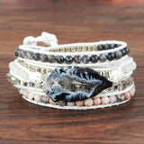 Silver Agate Druzy Geode Slice 4mm Stone Beads Layers Leather Wrap Bracelet, Handmade Boho Jewelry HD0088