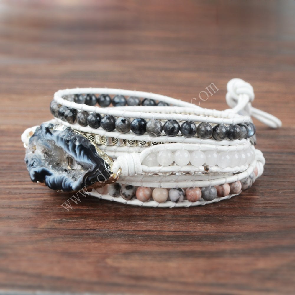 Silver Agate Druzy Geode Slice 4mm Stone Beads Layers Leather Wrap Bracelet, Handmade Boho Jewelry HD0088