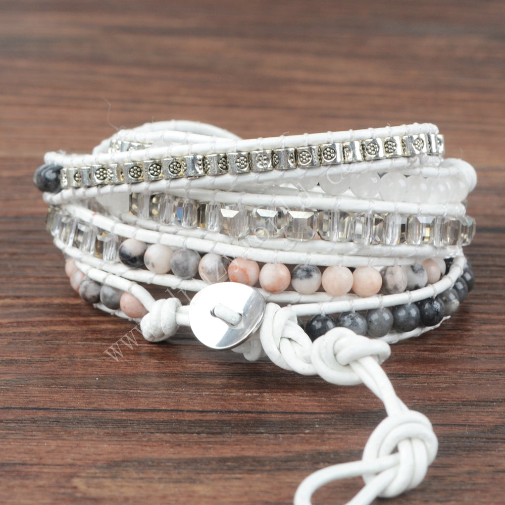 Silver Agate Druzy Geode Slice 4mm Stone Beads Layers Leather Wrap Bracelet, Handmade Boho Jewelry HD0088