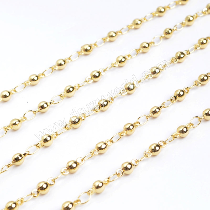 30" Gold Plated Copper 3mm Beads Finished Chain Connector Necklace Finding PJ011-15x2-G