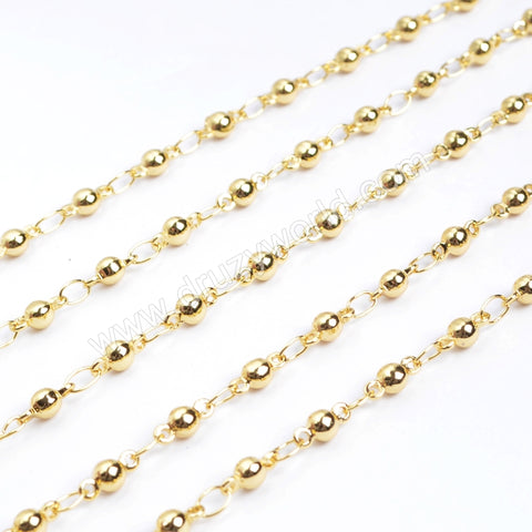 30" Gold Plated Copper 3mm Beads Finished Chain Connector Necklace Finding PJ011-15x2-G