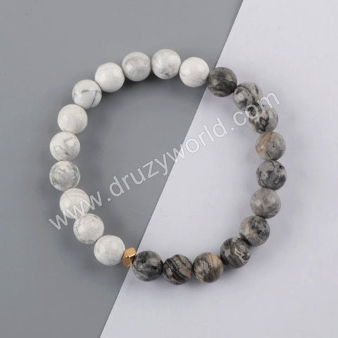 8mm Leopard Skin Jasper White Howlite Turquoise Beads Stretch Bracelet HD0137