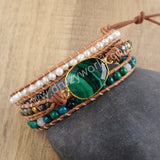 Faceted Malachite 4mm Pearl Stone Beads Layers Leather Wrap Bracelet, Handmade Boho Jewelry HD0144