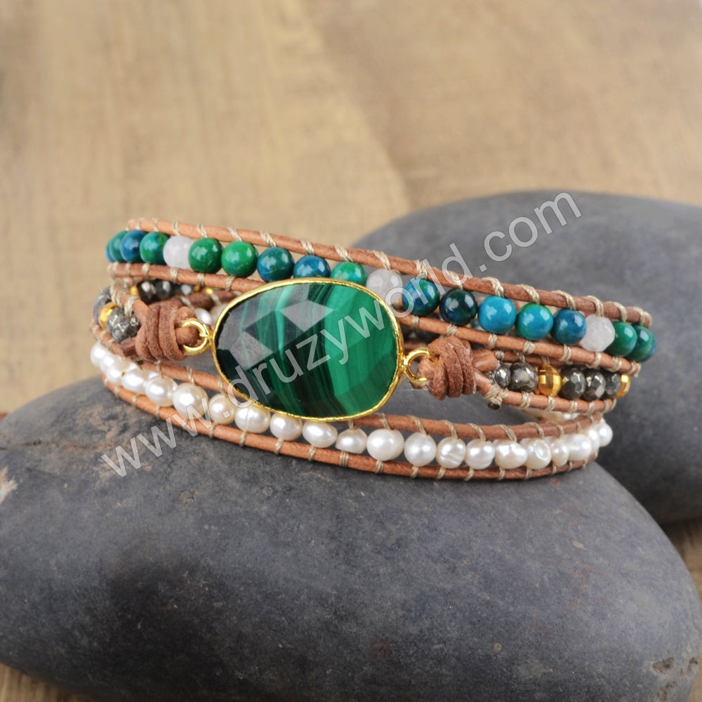 Faceted Malachite 4mm Pearl Stone Beads Layers Leather Wrap Bracelet, Handmade Boho Jewelry HD0144