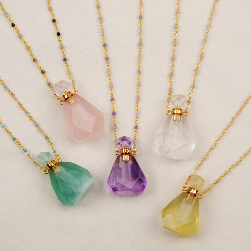 26" Gold Rainbow Natural Gemstone Perfume Bottle Necklace, Healing Crystal Stone Bottles, 3mm Gemstone Bead Roary Chain, Boho Jewelry HD0091