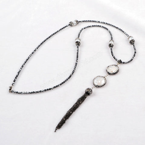 26" Natural White Pearl Coin Pearl Bead With Hematite Beaded Tassel Necklace JAB167