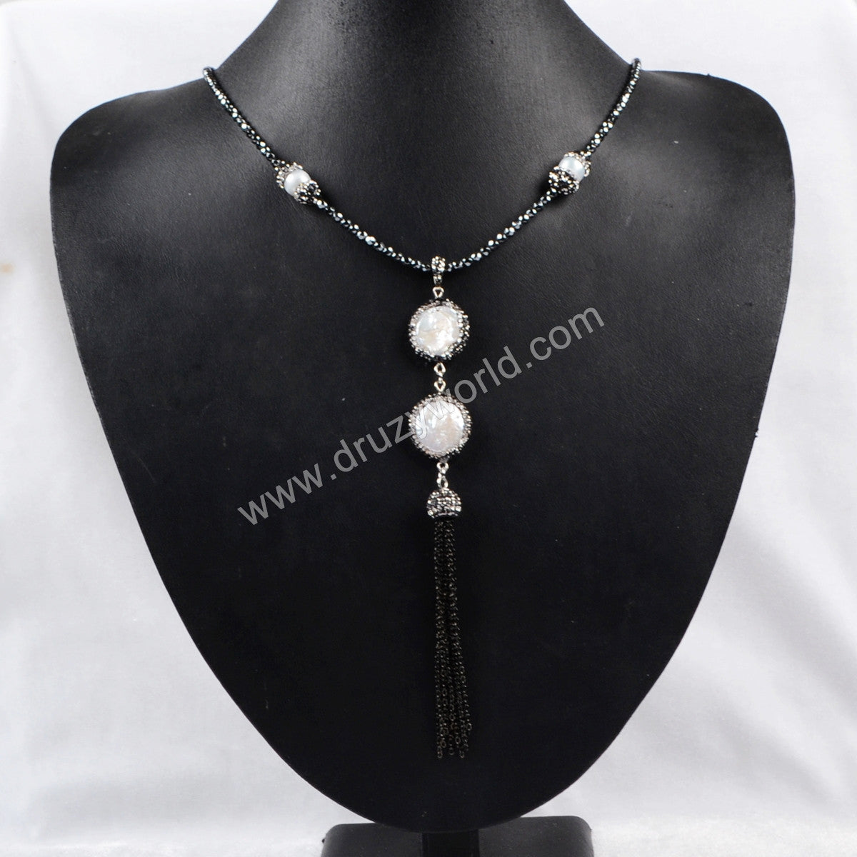26" Natural White Pearl Coin Pearl Bead With Hematite Beaded Tassel Necklace JAB167