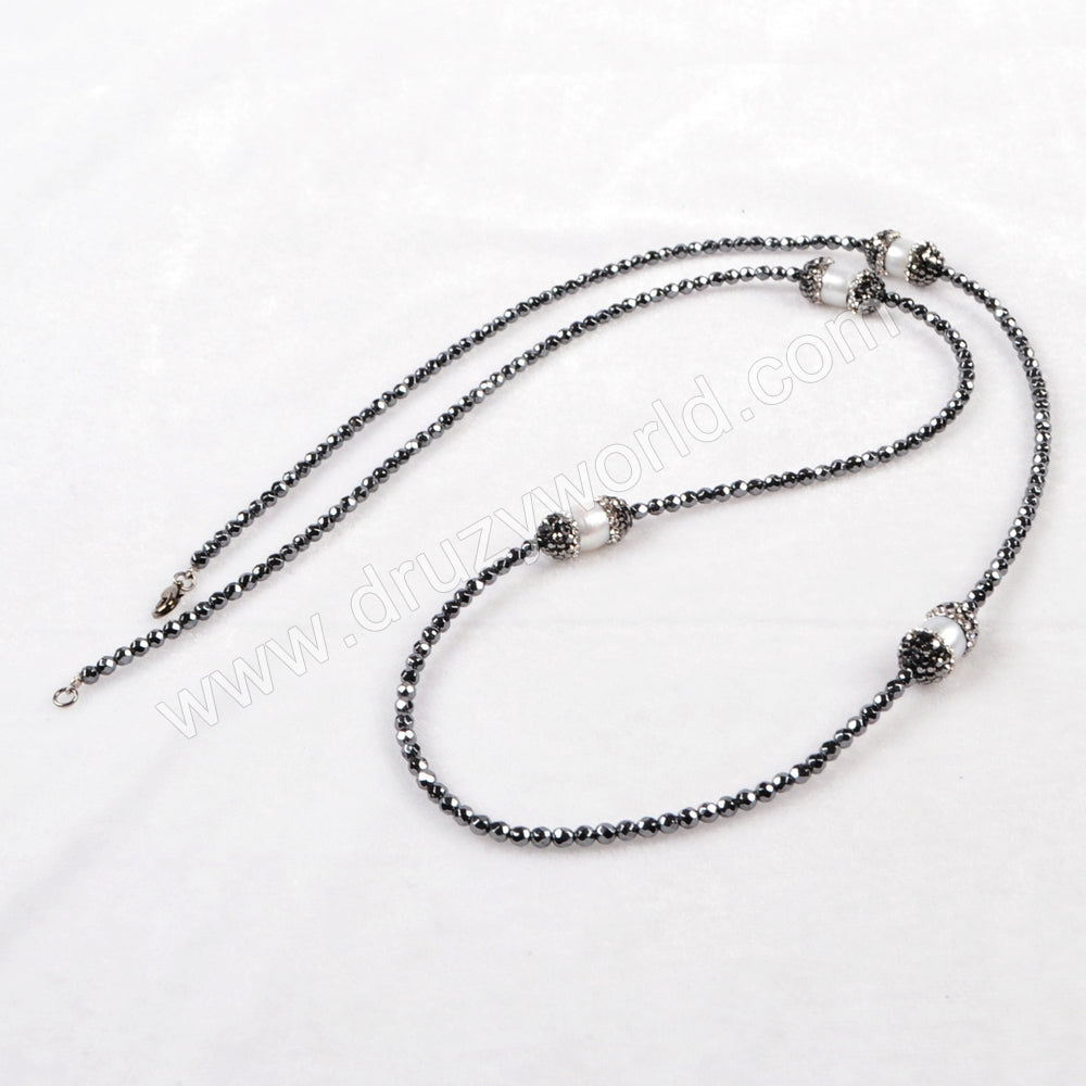 30" Rhinestone Natural White Pearl With Hematite Beaded Black Chain Long Necklace JAB168