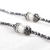 30" Rhinestone Natural White Pearl With Hematite Beaded Black Chain Long Necklace JAB168