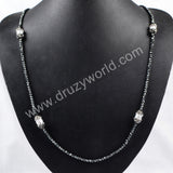 30" Rhinestone Natural White Pearl With Hematite Beaded Black Chain Long Necklace JAB168